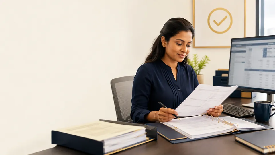 A professional comparing study paperwork with records on a desktop screen.